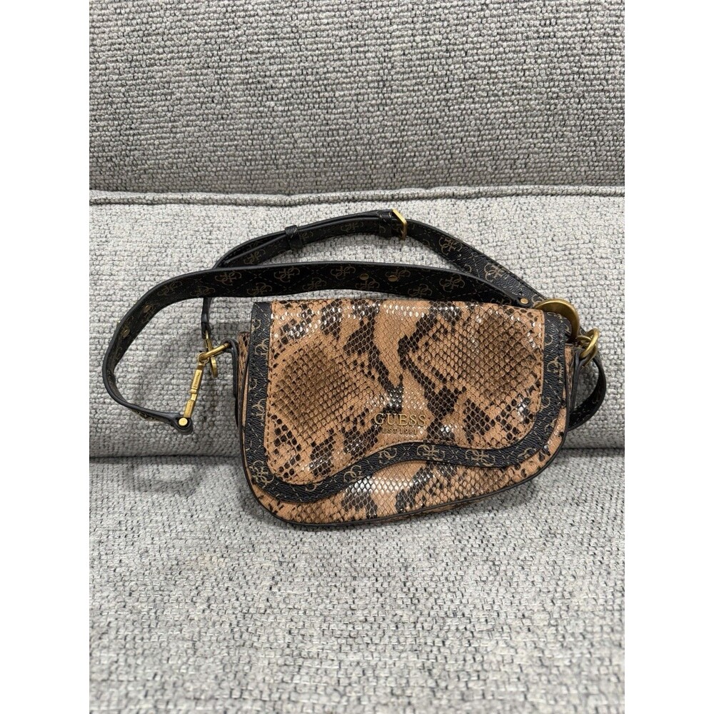 GUESS brown snake print crossbody bag w/ logo strap gold hardware small